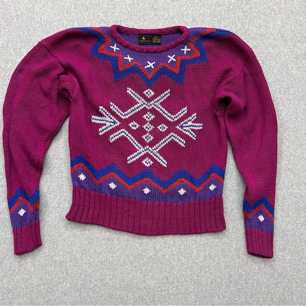 Vintage 80s Liz Sport Fair Isle Nordic Aztec Colorful Crewneck Sweater Sz Med/Sm
